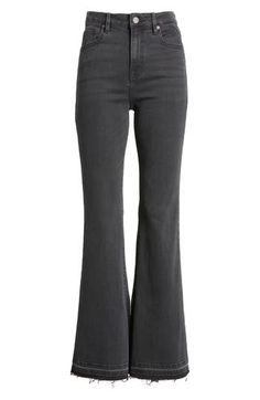 Raw hems bring lived-in appeal to these retro-chic flare jeans cut from soft stretch denim. 31" inseam; 10 1/2" front rise Zip fly with button closure Five-pocket style 65% cotton, 21% rayon, 11% polyester, 2% spandex Machine wash, tumble dry Imported Chic Flares With Frayed Hem For Fall, Chic Stretch Flares With Frayed Hem, Straight Leg Stretch Flares With Frayed Hem, Stretch Straight Leg Flares With Frayed Hem, Fall Flare Jeans With Five Pockets, Jeans High Waist, Retro Chic, Nordstrom Store, Anniversary Sale