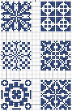 the cross stitch pattern is in blue and white, with four different designs on it