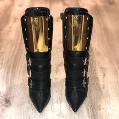 Worn Twice Almost Brand New.Excellent Condition Luxury High Heel Boots With Buckle Closure, Luxury Gold Leather Heeled Boots, Luxury High Ankle Boots For Night Out, Luxury Pointed Toe Boots With Buckle Closure, Gold Luxury Calf Leather Boots, Luxury Boots With Buckle Closure And Pointed Toe, Luxury Gold Calf Leather Boots, Luxury Formal Moto Boots With Buckle Closure, Luxury Closed Toe Boots For Evening