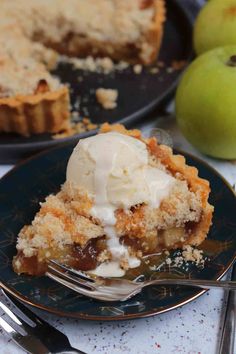 a slice of apple pie with ice cream on top