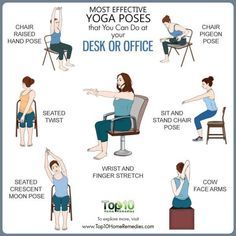 a woman sitting in a chair doing yoga poses for her desk or office position, with the words most effective yoga poses