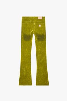 "LUXE" GREEN SUEDE STACKED FLARE JEAN Green Five Pocket Jeans For Fall, Green Five-pocket Jeans For Fall, Green Jeans For Fall, Green Wide Leg Flare Jeans With Five Pockets, Chic Green Jeans For Fall, Fitted Green Wide-leg Jeans, Spring Green Flare Jeans With Five Pockets, Green Flare Jeans With Five Pockets For Spring, Spring Green Flare Jeans