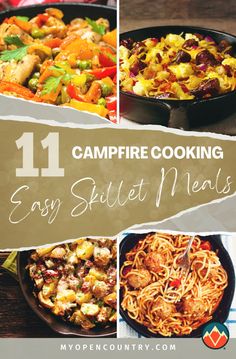 campfire cooking easy skillet meals with text overlay that reads 11 campfire cooking easy skillet meals