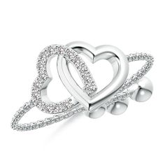 This double heart ring in 14k white gold is a lover's emblem. The plain open heart frame is intertwined with a diamond-studded heart frame. Designed with a bolo clasp, this ring is adjustable to fit most ring sizes. Intertwined Hearts, Double Heart Ring, Heart Frame, Jewelry Rings Diamond, Double Heart, Ring Sizes, Open Heart, White Ring, White Diamond