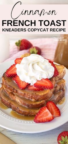 french toast with whipped cream and strawberries on a white plate next to a glass of milk