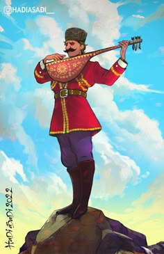 a painting of a man in uniform playing the bagpipe on top of a rock