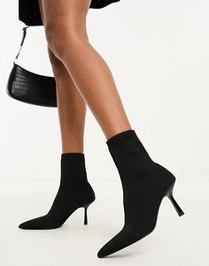 ASOS DESIGN Rosetta kitten heel sock boots in black | ASOS Black Sock Boots, City Break Outfit, Square Toe Western Boots, Pointed Boots, Black Kitten Heels, Sock Boots, Socks And Heels, Pointed Heels, Valentine's Day Outfit