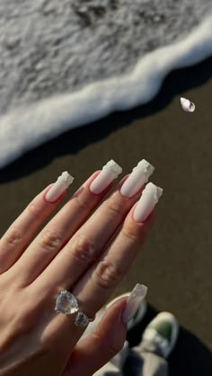 Beach Square Nails, 3d White Nails, Shell Nails Square, 3d Nail Designs Square, Square 3d Nails, 3d Nails Square, White French Nails Square, French 3d Nail Art, Nails With 3d Designs