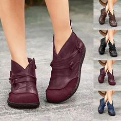 Casual Leather Boots, Burgundy Boots Ankle, Flat Leather Boots, Popular Boots, Elegant Flats, Flat Heel Boots, Ankle Boots Flat, Casual Heels, Leather Boots Women