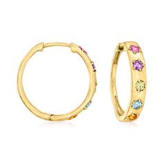 Ross-Simons - .32ct t. w. Multi-Gemstone Huggie Hoop Earrings in 14kt Yellow Gold. 1/2". RS Pure. Modern designs that complete your outfit and complement your personality. Add color to your day with these dainty huggie hoop earrings. They feature .32 ct. tot. gem wt. rhodolite garnet, blue topaz, amethyst, citrine and peridot rounds on simple 14kt yellow gold hoops. Hanging length is 1/2". Hinged post, multi-gemstone huggie hoop earrings. Peridot birthstones are the perfect gift for August birth Yellow Gold Sterling Silver Huggie Earrings With Birthstone, Fine Jewelry Multi-stone Hoop Earrings For Anniversary, Yellow Gold Gemstone Huggie Earrings, Yellow Gold Birthstone Huggie Earrings, Yellow Gold Birthstone Huggie Earrings For Anniversary, Anniversary Yellow Gold Huggie Earrings With Birthstone, 14k Gold Gemstone Hoop Earrings, Gemstone Hoop Earrings Fine Jewelry, Yellow Gold Hoop Earrings With Birthstone