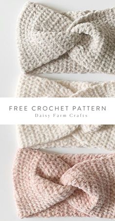 three crochet headbands with the words free crochet pattern on them