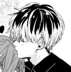 an anime boy with short hair is kissing another guy's face in black and white