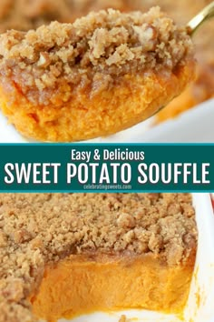 sweet potato souffle on a white plate with a spoon in it and the words, sweet potato souffle holiday side dish - make ahead tips