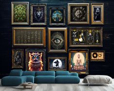 a living room filled with lots of framed pictures and paintings on the wall next to a blue couch