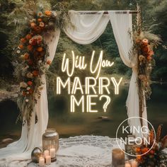 a wedding arch decorated with flowers and candles is featured in this ad for king neon