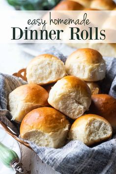 homemade dinner rolls in a basket with text overlay