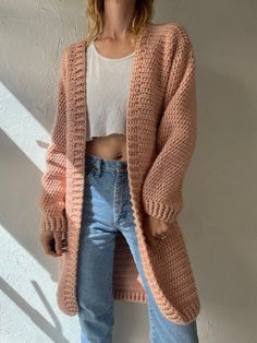 "- Hand knit pale pink cardigan sweater  - Feels like a cotton blend, very soft  - No tags - No closure - Small  Chest: 19\" Length: 36.5\" Sleeve: 21\"" Pink And Black Fall Outfits, Pink Long Cardigan, Black Fall Outfits, Plaid Pleated Mini Skirt, Pink Cardigan Sweater, Long Cardigan Sweater, Blue Button Up Shirt, Crochet Clothing, No Closure