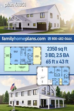 two story house plan with 3 beds, 2 baths and an attached garage in the front