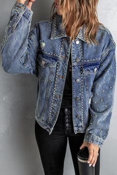 Rivet Pocket Button-up Denim Jacket Studded Denim Jacket, Demin Jacket, Fall Winter Jacket, Boho Denim, Shoulder Stretch, Studded Denim, Blue Denim Jacket, Classic Chic, Denim Details