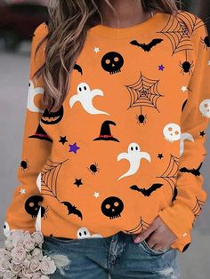 Pumpkin-Sweatshirt Halloween Crewneck Shirt - Cats Graphic Printed Long Sleeve Loose Pullover Top Yellow Party  Long Sleeve  Animal,Halloween,All Over Print Pullovers Slight Stretch Fall/Winter Women Clothing, size features are:Bust: ,Length: ,Sleeve Length: Imprimibles Halloween, Punk Outfits, Womens Tops Summer, Cute Pumpkin, Halloween Sweatshirt, Halloween Prints, Women's T Shirts, Halloween Women, Vintage Streetwear