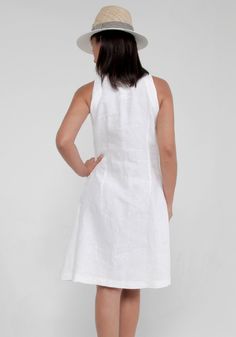 Soft made only from white Linen dress for women can be worn at the daytime ensemble or vacatoion travel outfit, this V-neck linen dress is both fashionable and cozy. Made with 100% premium linen, the texture is wonderfully soft and durable. Beautiful in a fresh white color.#8308 Claudio Milano unique creative Italian L White Linen V-neck Casual Dress, White Casual Linen V-neck Dress, Casual White Linen V-neck Dress, Casual White V-neck Linen Dress, V-neck Sleeveless Linen Dress For Daywear, Unlined Knee-length Linen Dress, White Linen A-line Casual Dress, White Linen Sleeveless Summer Dress, White Linen Sleeveless Dress For Beach