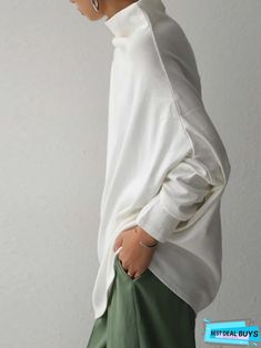 Long Sleeve Cotton-Blend Sweatshirt White Oversized Turtleneck Sweatshirt, Oversized White Turtleneck Sweatshirt, Plain White Sweater For Winter, Plain Tops For Winter Layering, Plain Tops For Layering In Fall, Winter White Long Sleeve Top For Fall, Casual White Turtleneck Top, White Long Sleeve T-shirt For Fall, Casual Plain Turtleneck Top