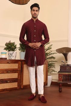 Wine full sleeve kurta with thread, sequin work and mandarin collared neckline. Paired with pant. - Aza Fashions Sequence Kurta For Men, Luxury Kurta With Naqshi And Mandarin Collar, Wine Kurta For Men, Luxury Embroidered Multicolor Men's Kurta, Luxury Semi-stitched Orange Kurta, Buy Wine, Silk Embroidery, Fashion App, Mandarin Collar