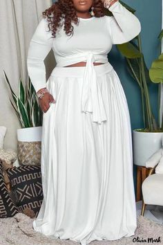 Olivia Mark - Orange Solid Banded O-Neck Casual Two-Piece Outfit for Plus-Size Women White Fashion Casual, Plus Size Two Piece, Outfit Trends, Round Neck Dresses, Orange Fashion, Casual Sets, Two Piece Dress, White Casual, Plus Size Casual