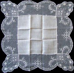 This vintage linen and lace wedding hankie has an embroidered net lace border featuring a small floral and trellis design. Measuring a little over 11 inches, and is eggshell or off white in color. This handkerchief is unused, but some of the embroidery along the edges has become a little loose, as seen in the photo. Vintage White Lace Handkerchiefs, Vintage White Handkerchiefs With Lace Trim, Vintage White Handkerchiefs With Lace Work, Vintage Lace Trim Handkerchiefs For Wedding, White Victorian Handkerchiefs With Lace Trim, Victorian White Handkerchiefs With Lace Trim, White Victorian Handkerchief With Lace Trim, Lace Handkerchiefs With Lace Trim For Wedding, Elegant Lace Handkerchiefs With Lace Trim