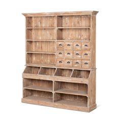 an old wooden cabinet with drawers and shelves