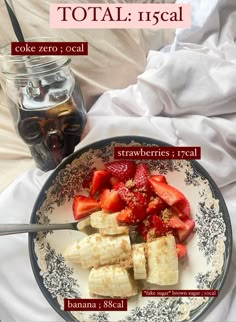 a plate with sliced bananas and strawberries on it next to a jar of jelly