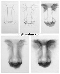 various stages of drawing the nose with different lines and shapes to show how it looks like