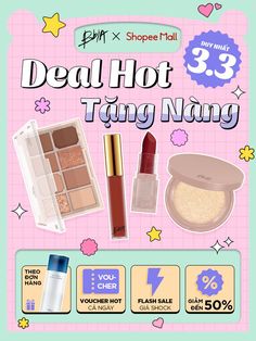 an advertisement with cosmetics and other items for sale on the side of a pink background