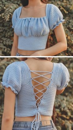 the back of a woman's top with crocheted laces on it