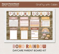 the boho rainbow daycare parent board with calendars