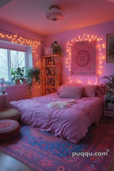 a bedroom decorated in pink and purple with fairy lights