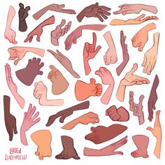 many different hands and fingers are shown together