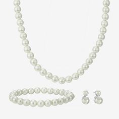 The Monet Jewelry faux pearl three-piece set is perfect to accessorize yourself in elegance. It includes a collar necklace, stud earrings, and a stretch bracelet to offer a chic, coordinated look.Pearl Type: Simulated Pearls# Pieces In Set: 3Included: 1 Bracelet(s), 1 Pair of Earrings, 1 Necklace(s)Features: AdjustableEarring Back: PostJewelry Closure: Lobster ClaspLink Construction: SolidMetal Color: Silver ToneChain Length: 19 InchEarring Length: 20mmEarring Width: 8mmExtender Length: 2 InchCa Pearl Chain Jewelry Sets, Party Pearl Chain Jewelry Set, Silver Pearl Drop Costume Jewelry, Classic Pearl Jewelry Sets, Classic Pearl White Jewelry For Party, Classic Round Pearl Jewelry Sets, Elegant Pearl Jewelry Sets With Round Beads, White Pearl Drop Costume Jewelry, Classic Pearl White Jewelry Sets