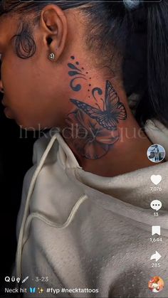 a woman with a butterfly tattoo on her neck