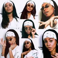 six different pictures of women with blindfolds on their heads and one woman holding her hand up to her face