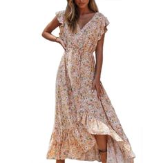 Floral Print Long Dress Boho Summer Vestidos Buttons Sashes Ladies Gypsy Maxi Dresses Casual Female Spring New Bohemian Non-stretch Dress For Garden Party, Pink Non-stretch Bohemian Dress, High Waist Maxi Dress, Ruffle Summer Dress, Chiffon Summer Dress, Print Chiffon Dress, Boho Dresses Long, Floral Print Dress Long, Split Maxi Dress