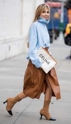 Light Spring Autumn Outfits, Powder Blue Sweater Outfit, Neutral Palette Outfit, Light Brown Skirt Outfit, Blue And Tan Outfit, Blue And Brown Outfit, Brown Skirt Outfit, Blue Sweater Outfit, Baby Blue Outfit