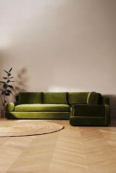 a living room with a green couch and rug