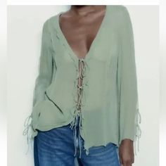 Sea Green Green Viscose Summer Top, Chic Green Spring Blouse, Spring Green Viscose Blouse, Green Viscose Tops For Summer, Chic Green Blouse For Spring, Fall Day Out Viscose Blouse, Casual Viscose Tops For Brunch, Spring Long Sleeve Blouse For Brunch, Long Sleeve Blouse For Spring Brunch