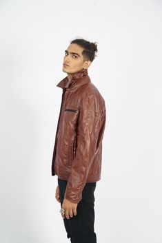 • 100% Sheep Leather• 100% Polyester Lining Inside• Front Zip Fastening• Two side Hand Warmer Pockets • Long Sleeves with cuffs• Two Side Chest Pocket with Zip• Shirt Collar• Dry Clean Only Brown Leather Jacket With Ykk Zipper, Brown Sheep, Leather Jacket For Men, Side Chest, Zip Shirt, Vintage Leather Jacket, Sheep Leather, Jacket For Men, Brown Leather Jacket