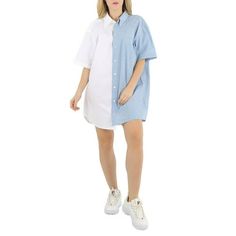 MM6 Ladies Dresses. Fashion category: Casual Dresses. SKU: S32CU0133-STN943-961. Color: White/Blue. MM6 Ladies Cotton-poplin Spliced Shirt Dress. MM6 cotton-poplin dress with classic men's shirts spliced together contrasting a plain and pinstripe design. Featuring an oversized-fit, front button fastening, short sleeves, curved hem, and an asymmetric pocket at the chest. Material: 100% Cotton. Size: 2.  Color: Multicolor.  Gender: female.  Age Group: adult. White Cotton Short Sleeve Shirt Dress, White Short Sleeve Cotton Shirt Dress, Casual Cotton Color Block Dresses, White Short Sleeve Dress With Splicing, Casual Patchwork Shirt Dress For Summer, Casual Summer Shirt Dress With Patchwork, Casual Patchwork Shirt Dress For Spring, Casual White Dress With Contrast Color, Cotton Poplin Dress