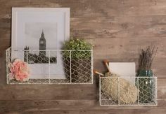 two metal baskets holding plants and books on a wooden wall next to a framed photograph