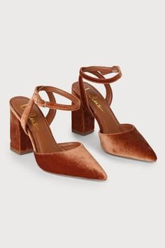 Black Heels - Ankle Strap Heels - Block Heels - Suede Heels - Lulus Orange Velvet Shoes, Fall Wedding Guest Shoes, Pointed Block Heels, Copper Heels, Red Velvet Heels, Copper Dress, Fall Heels, Pointy Shoes, Velvet Heels