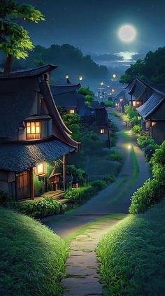 an image of a village at night with the moon in the sky and lights on