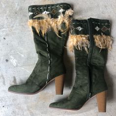 Never Worn Suede Olive Green Boots Bohemian Mid-calf Boots With Round Toe For Fall, Bohemian Suede Winter Boots, Bohemian Winter Suede Boots, Bohemian Winter Boots With Pointed Toe, Spring Bohemian Suede Boots, Bohemian Fitted Boots For Fall, Bohemian Mid-calf Boots For Fall, Green Suede Spring Boots, Green Suede Boots For Spring